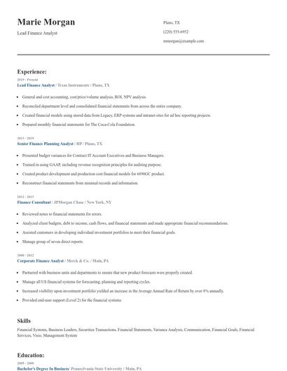 Lead Finance Analyst Resume