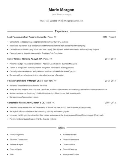 Lead Finance Analyst Resume