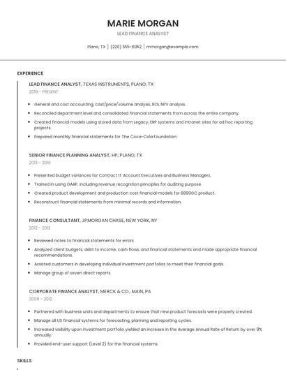 Lead Finance Analyst Resume