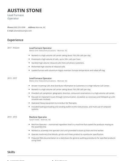 Lead Furnace Operator Resume