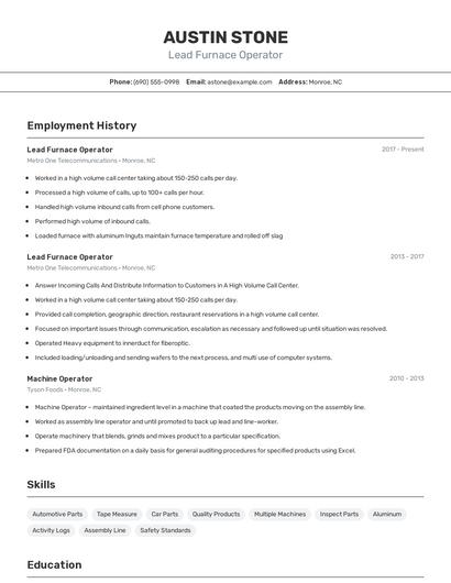 Lead Furnace Operator Resume