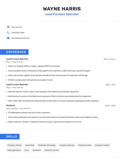 Lead Furnace Operator Resume