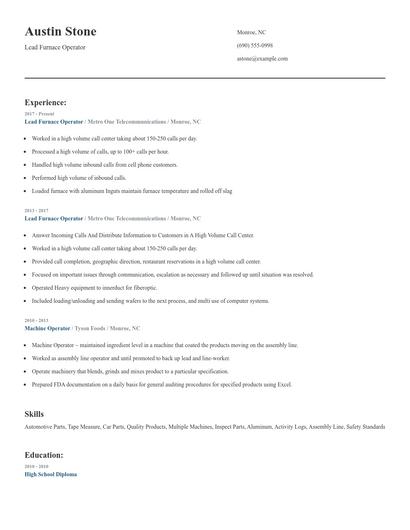 Lead Furnace Operator Resume