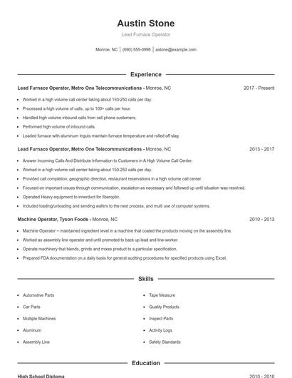 Lead Furnace Operator Resume