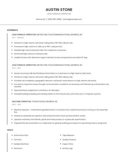 Lead Furnace Operator Resume