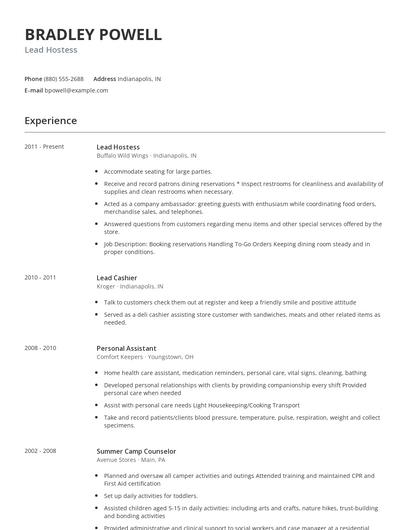 Lead Hostess Resume