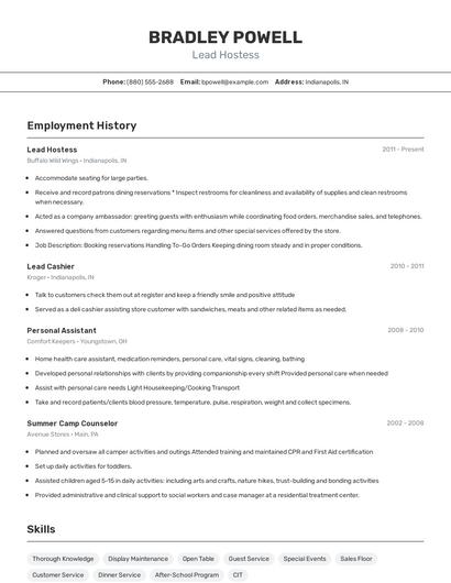 Lead Hostess Resume