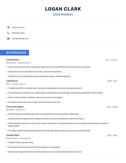 Lead Hostess Resume