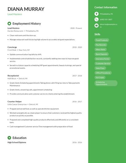 Lead Hostess Resume