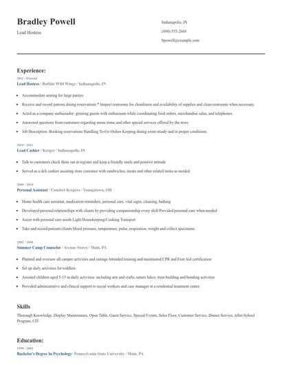 Lead Hostess Resume