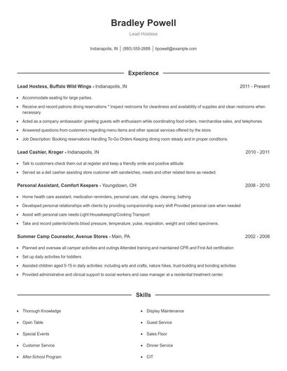 Lead Hostess Resume