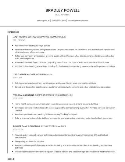 Lead Hostess Resume