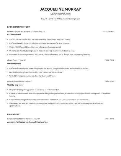 Lead Inspector Resume