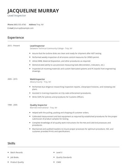 Lead Inspector Resume