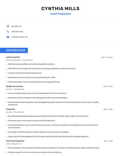 Lead Inspector Resume