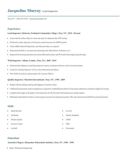 Lead Inspector Resume