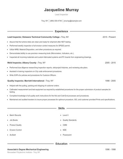 Lead Inspector Resume