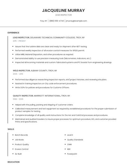 Lead Inspector Resume