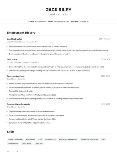 Lead Instructor Resume