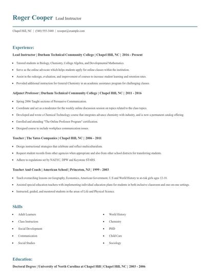 Lead Instructor Resume