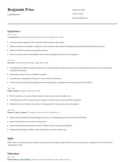 Lead Instructor Resume
