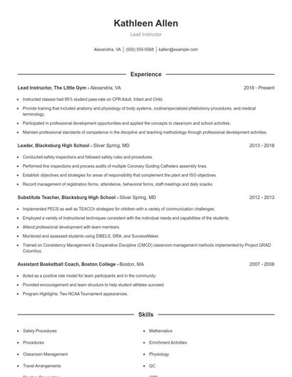 Lead Instructor Resume
