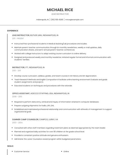Lead Instructor Resume
