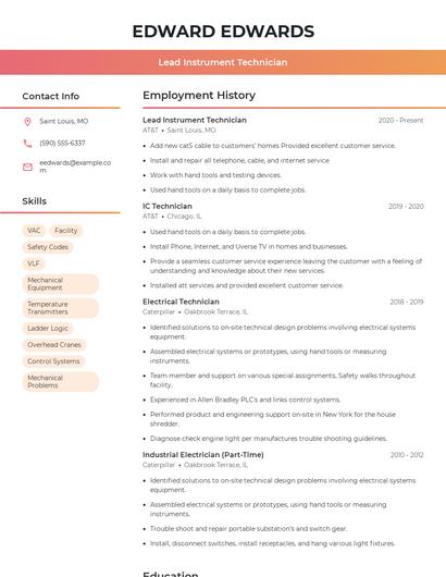 Lead Instrument Technician Resume