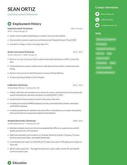 Lead Instrument Technician Resume