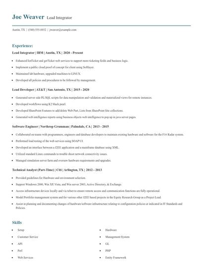Lead Integrator Resume