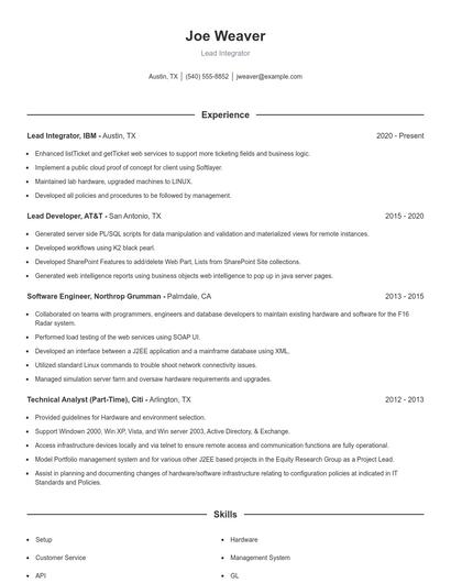 Lead Integrator Resume