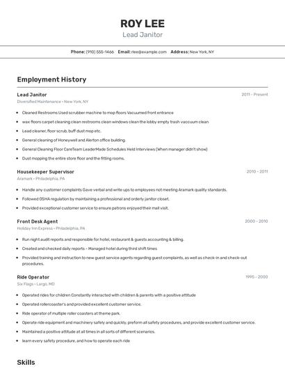 Lead Janitor Resume