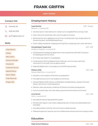 Lead Janitor Resume