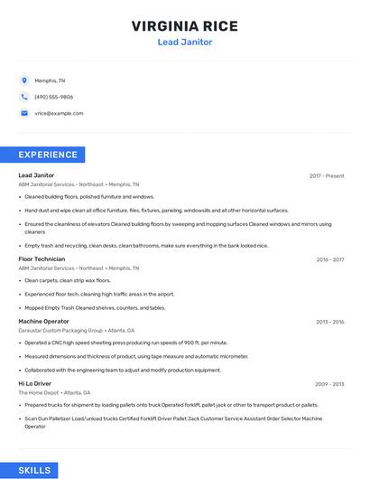 Lead Janitor Resume