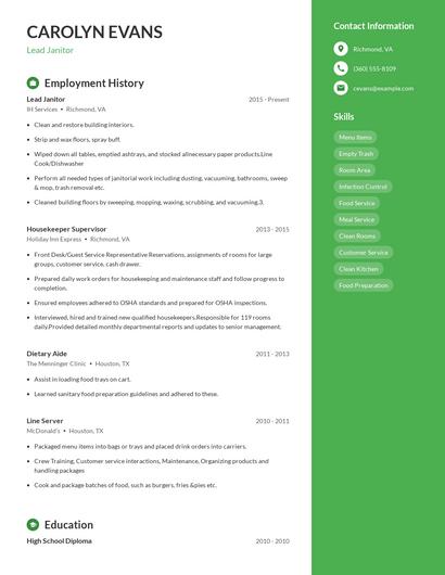 Lead Janitor Resume
