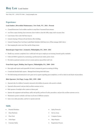 Lead Janitor Resume
