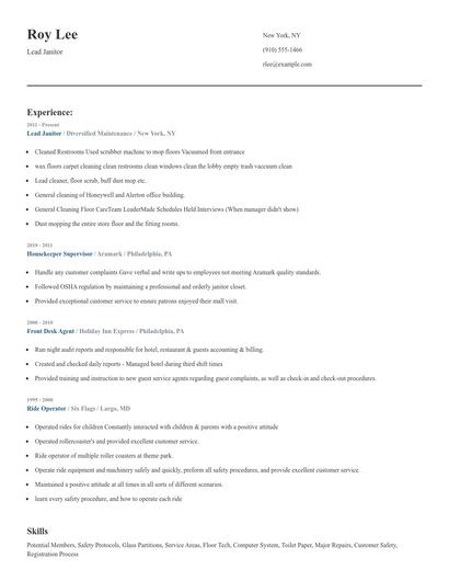 Lead Janitor Resume