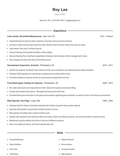 Lead Janitor Resume