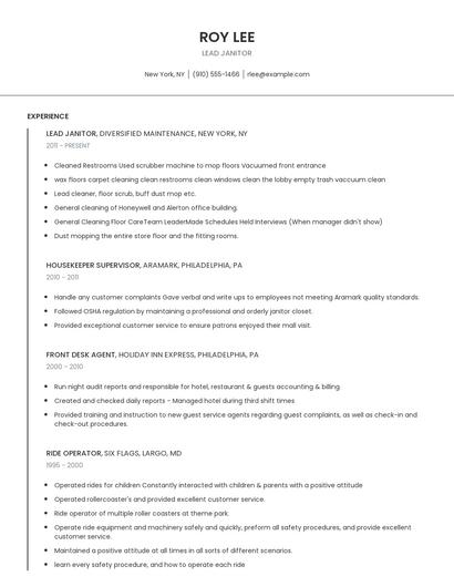 Lead Janitor Resume