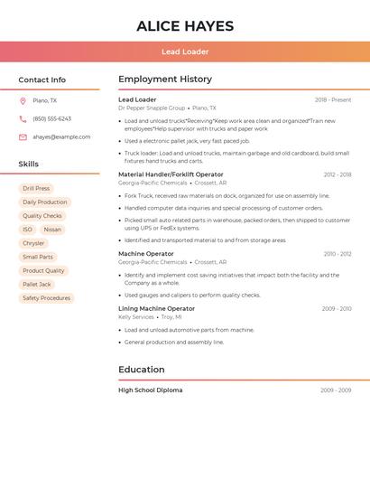 Lead Loader Resume