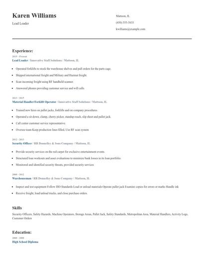 Lead Loader Resume