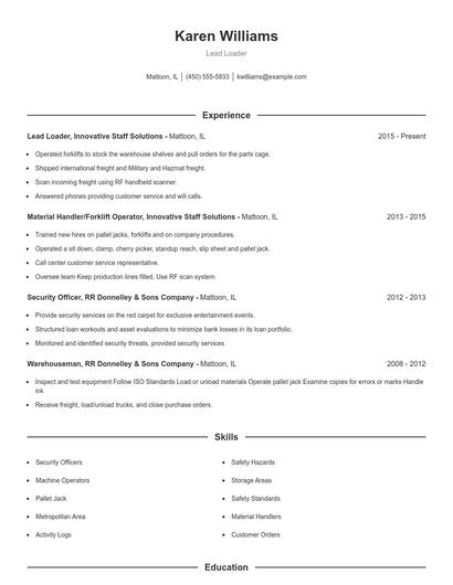 Lead Loader Resume