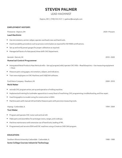 Lead Machinist Resume