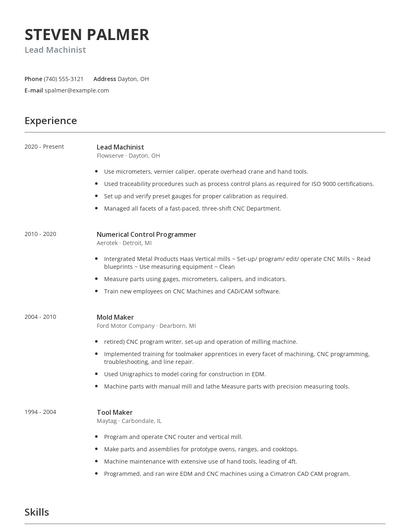 Lead Machinist Resume