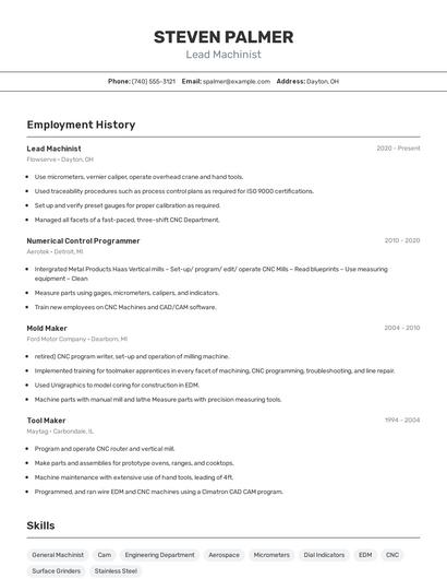 Lead Machinist Resume