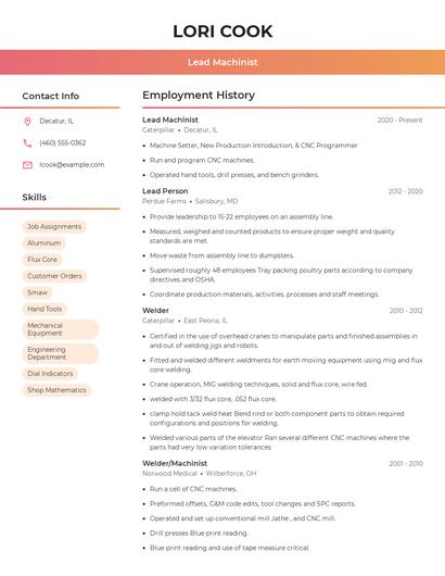 Lead Machinist Resume
