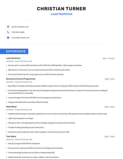 Lead Machinist Resume