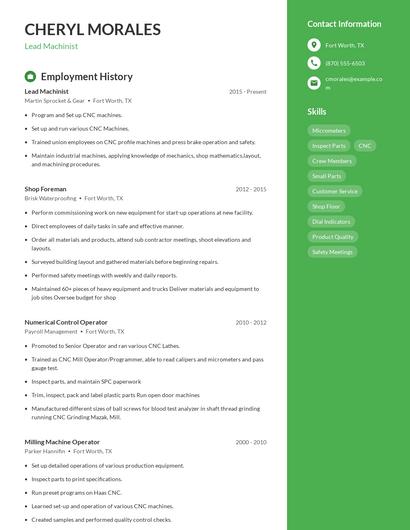 Lead Machinist Resume