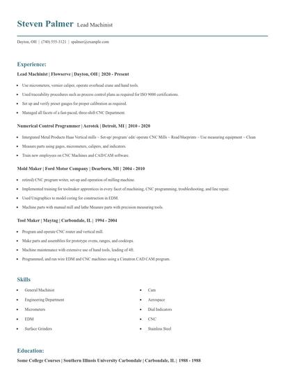 Lead Machinist Resume