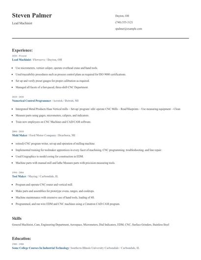 Lead Machinist Resume